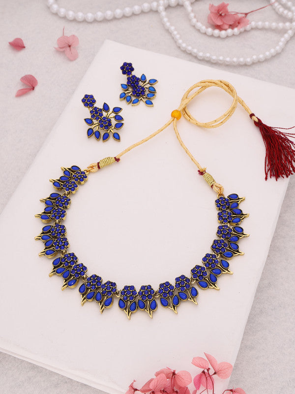 Tehzeeb Creations Blue Colour Gold Pleated Stone Studded Necklace With Earrings - Distacart