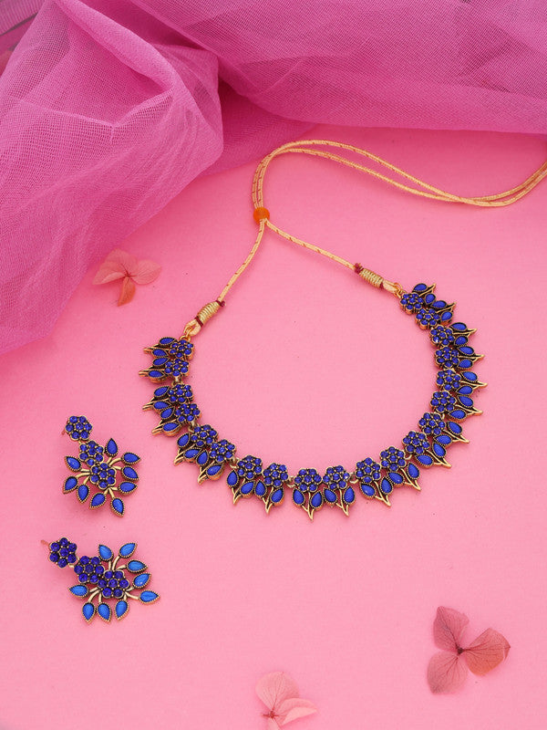 Tehzeeb Creations Blue Colour Gold Pleated Stone Studded Necklace With Earrings - Distacart