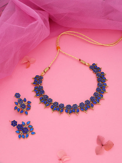 Tehzeeb Creations Blue Colour Gold Pleated Stone Studded Necklace With Earrings - Distacart