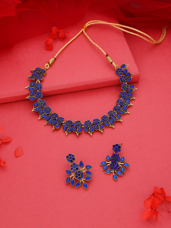 Tehzeeb Creations Blue Colour Gold Pleated Stone Studded Necklace With Earrings - Distacart