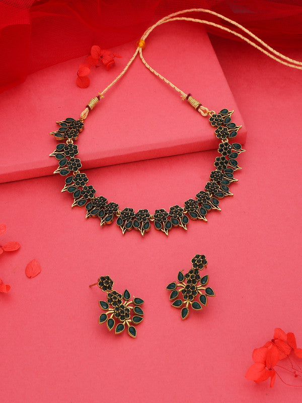 Tehzeeb Creations Green Colour Gold Pleated Stone Studded Necklace With Earrings - Distacart