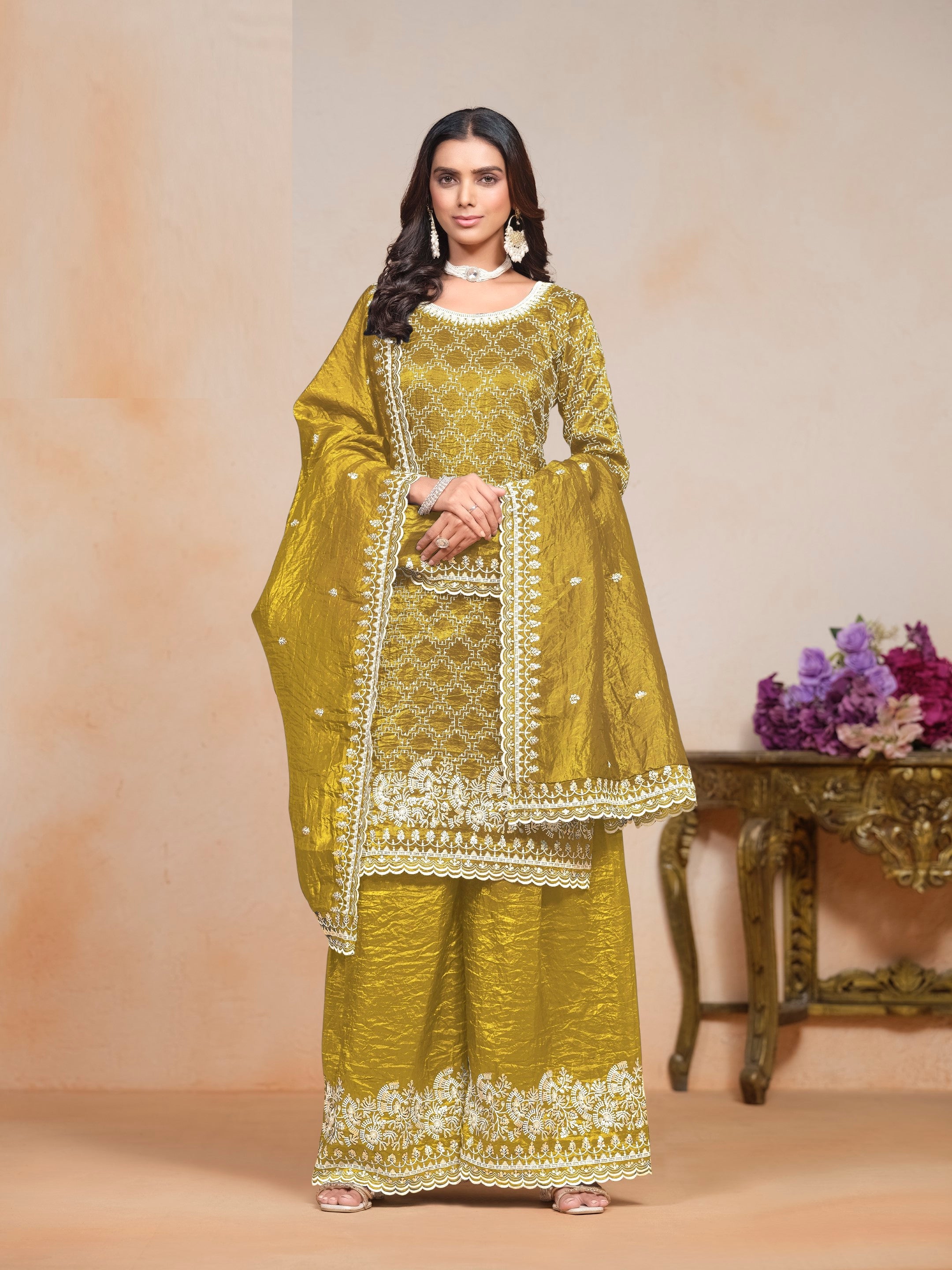 Anaita Mehendi Embroidered Gold Crush Salwar Suit - Distacart