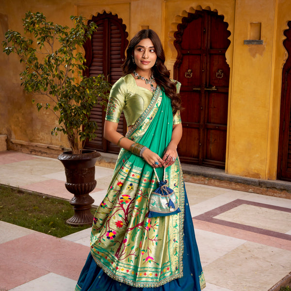 Lorenvalley Fashion Navy Blue Soft Silk Paithani Zari Weaving Work With Sequins and Thread Embroidery Scallop Lace Border Lehenga Choli with Dupatta - Distacart
