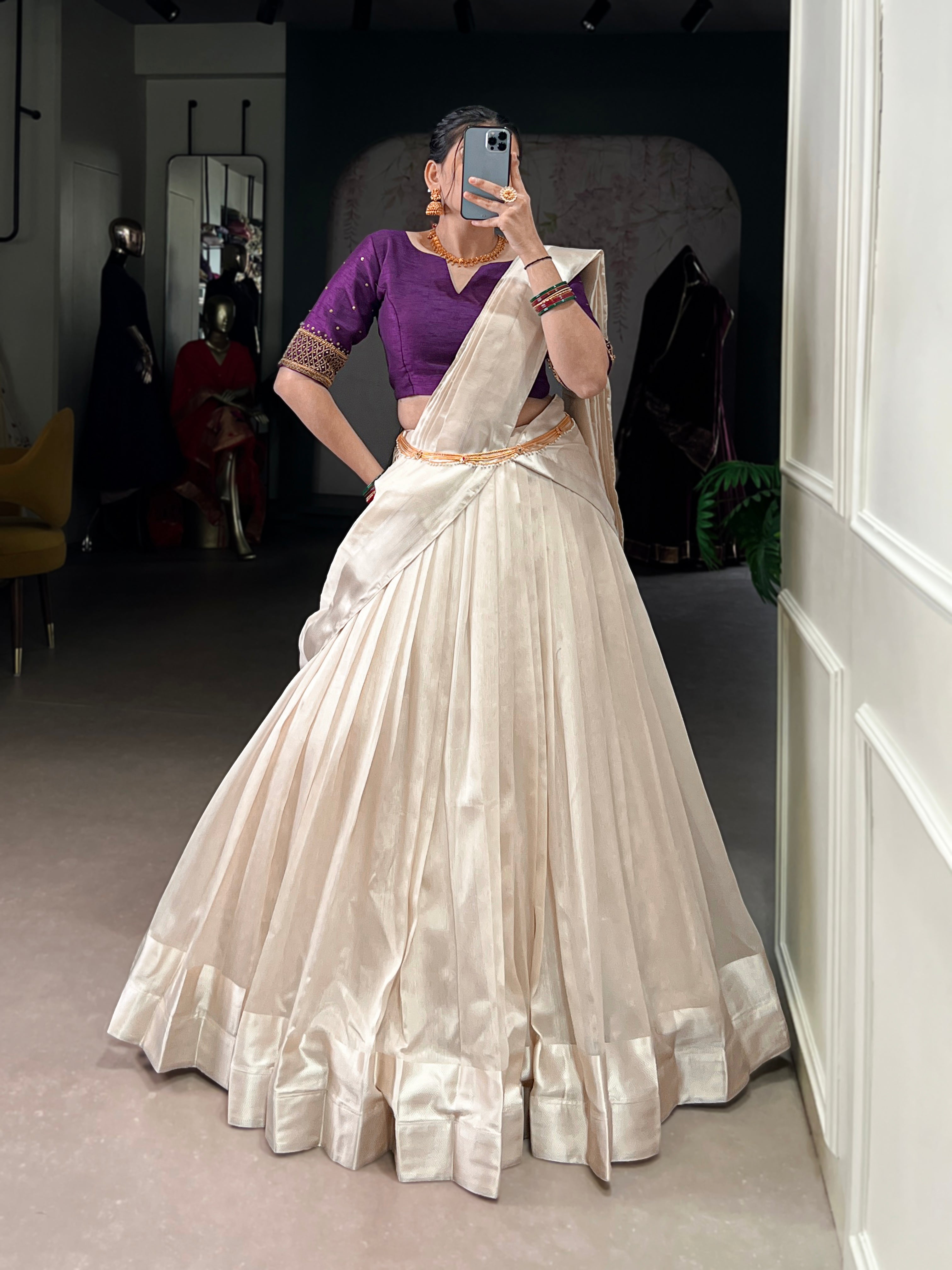 Lorenvalley Fashion White Poly Tasar Viscose Border Lehenga Choli with Dupatta - Distacart