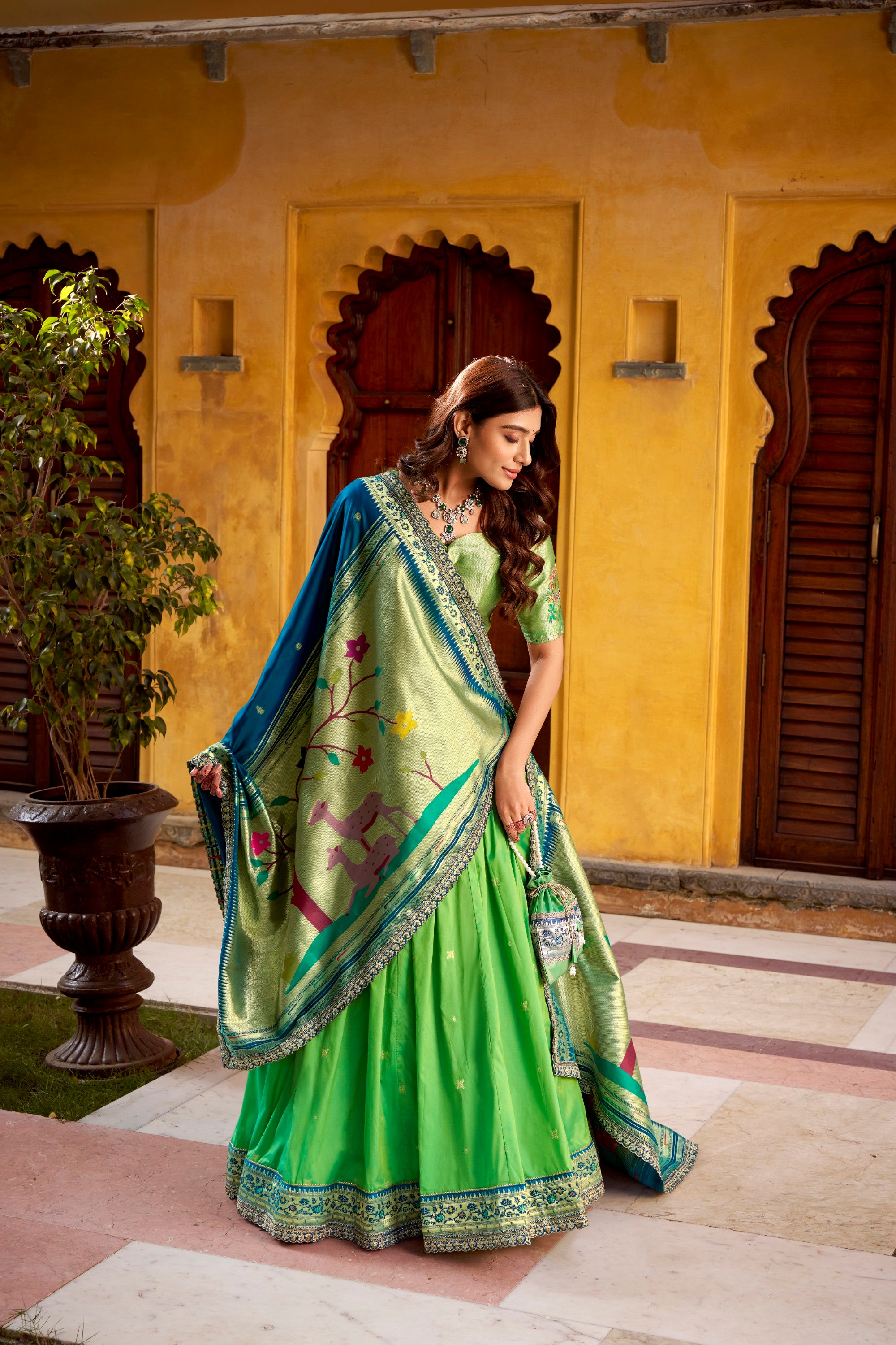 Lorenvalley Fashion Parrot Green Soft Silk Paithani Zari Weaving Work With Sequins and Thread Embroidery Scallop Lace Border Lehenga Choli with Dupatta
