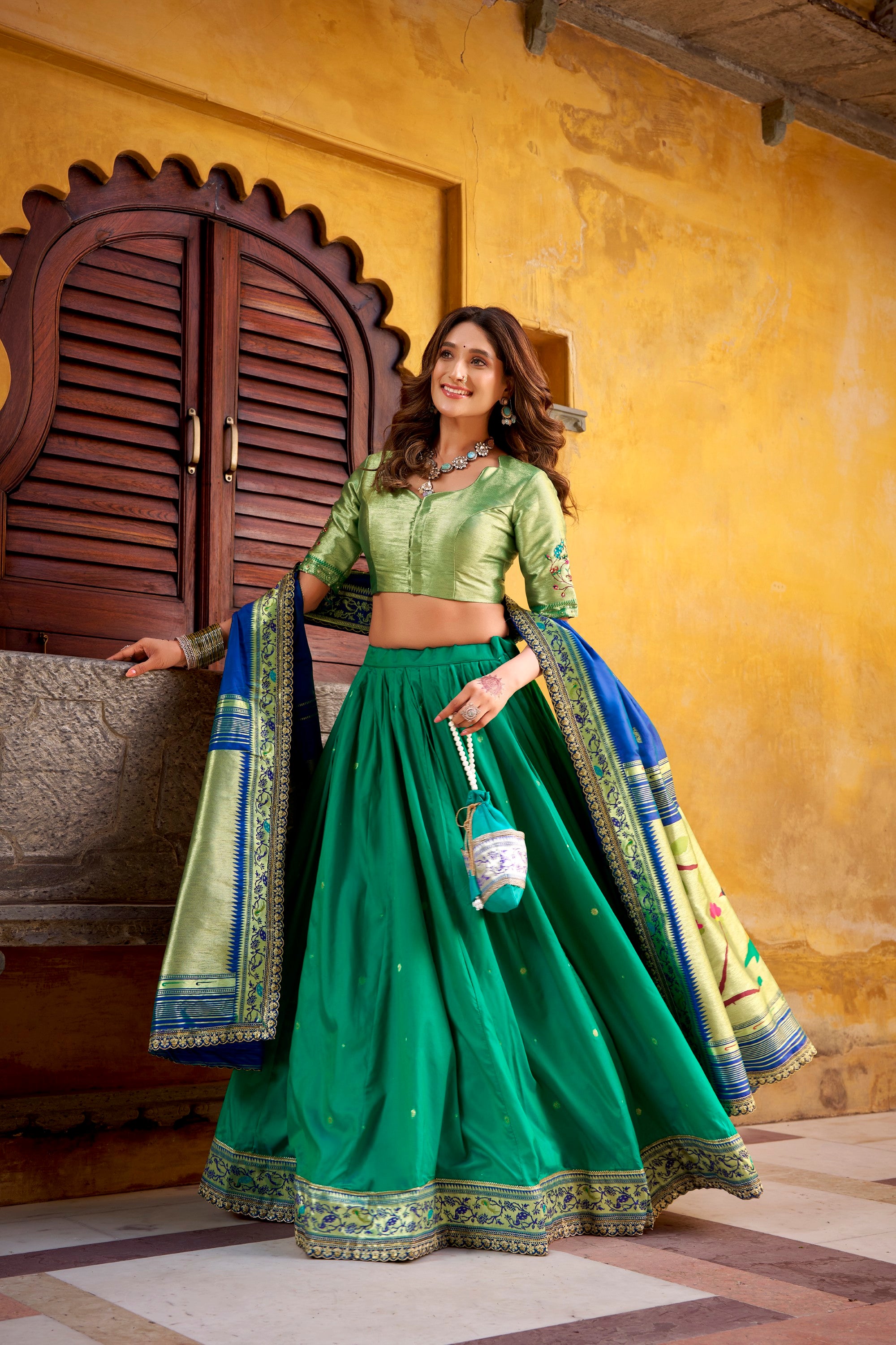 Lorenvalley Fashion Teal Soft Silk Paithani Zari Weaving Work With Sequins and Thread Embroidery Scallop Lace Border Lehenga Choli with Dupatta