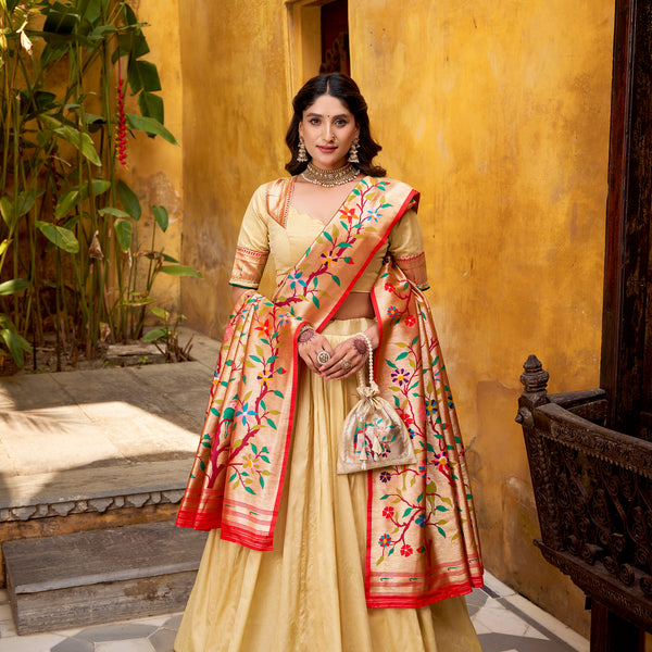 Lorenvalley Fashion Cream Silk Paithani Zari Weaving Work With Lace Border Lehenga Choli with Dupatta - Distacart