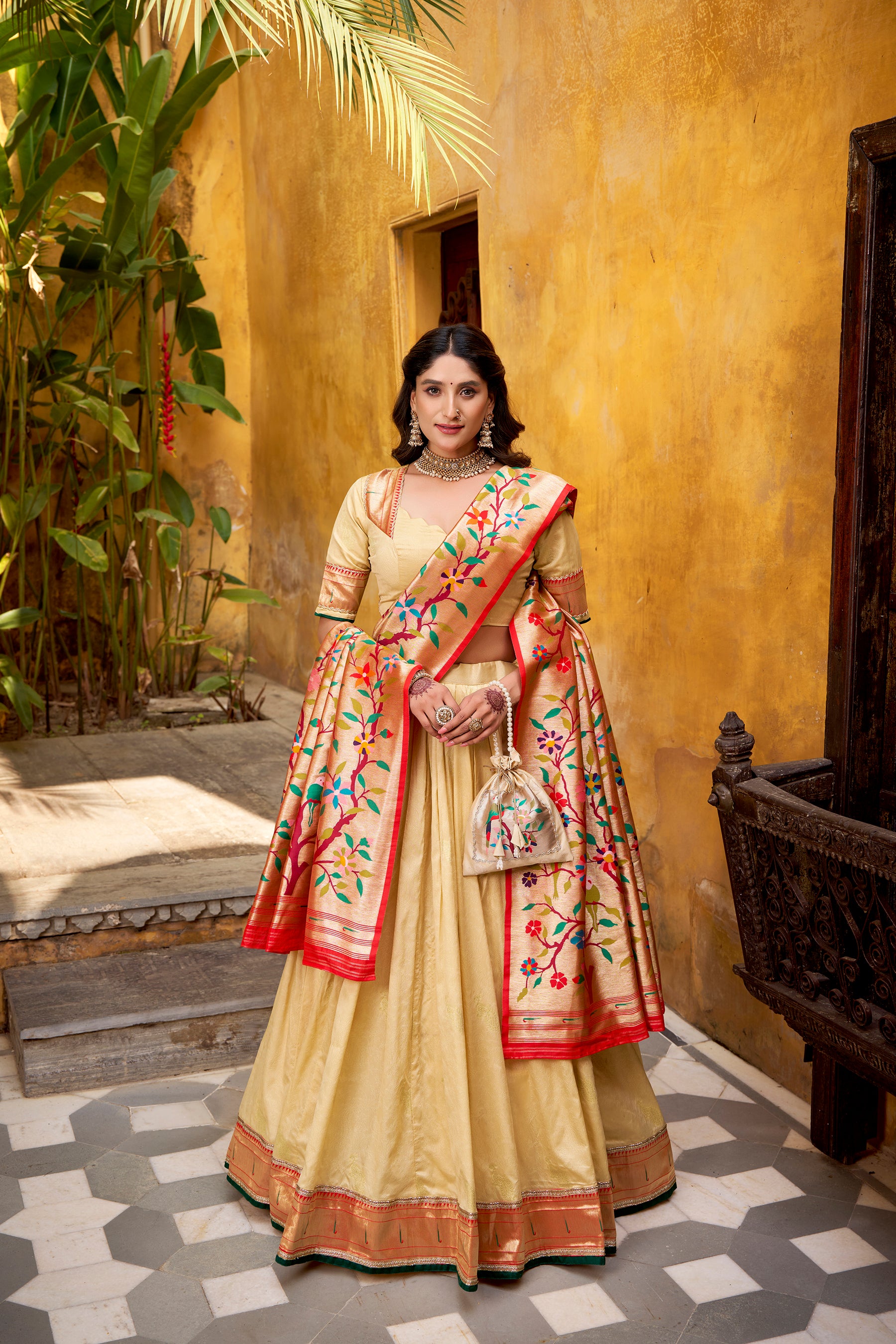 Lorenvalley Fashion Cream Silk Paithani Zari Weaving Work With Lace Border Lehenga Choli with Dupatta