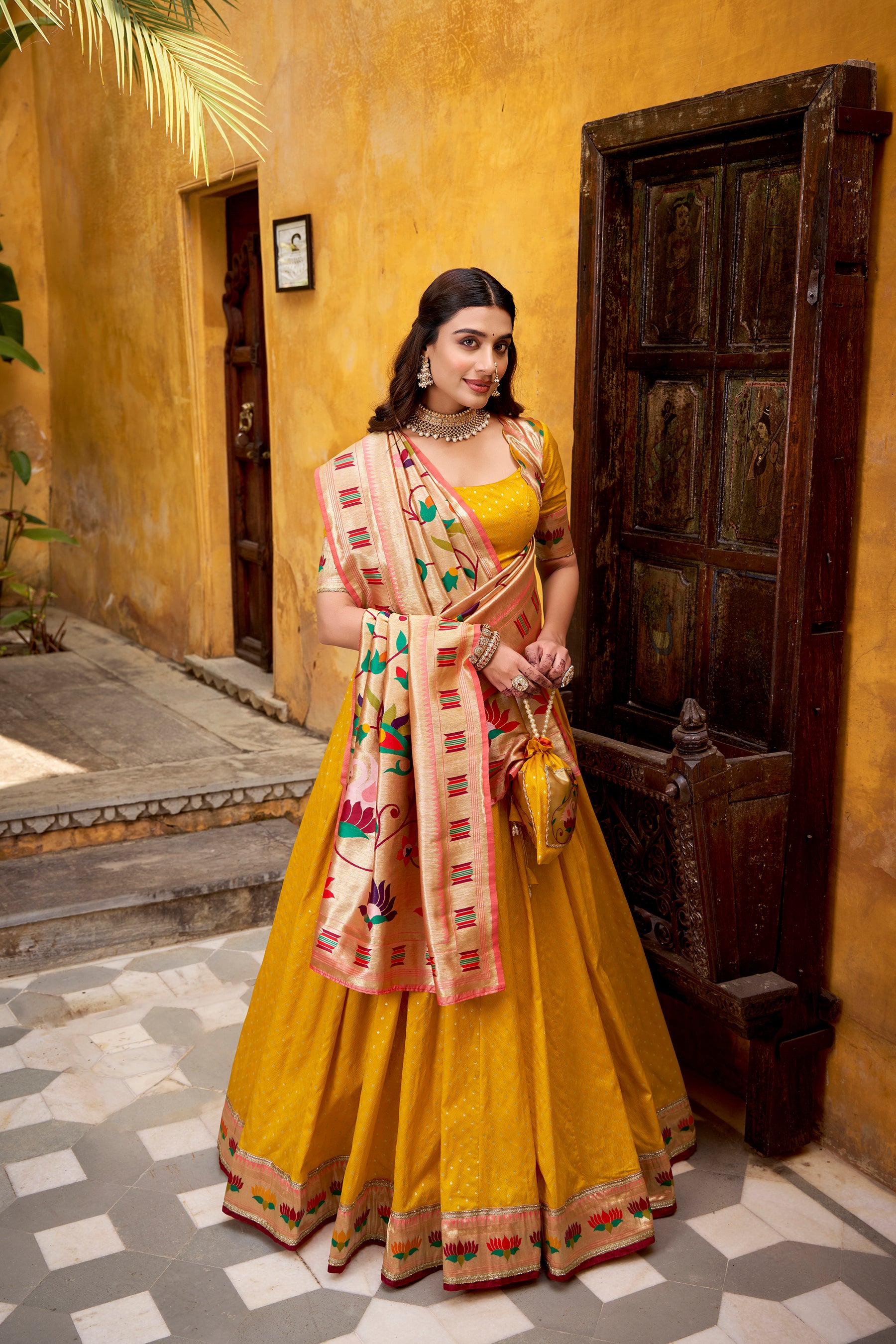 Lorenvalley Fashion Yellow Silk Paithani Zari Weaving Work With Lace Border Lehenga Choli with Dupatta