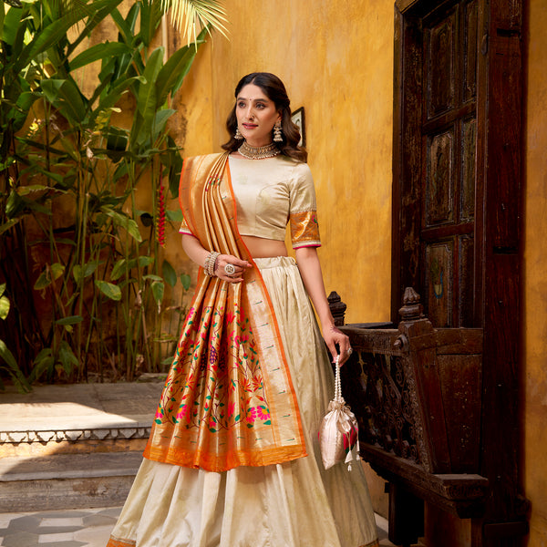 Lorenvalley Fashion Off White Silk Paithani Zari Weaving Work With Lace Border Lehenga Choli with Dupatta - Distacart
