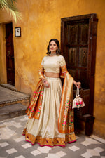 Thumbnail for Lorenvalley Fashion Off White Silk Paithani Zari Weaving Work With Lace Border Lehenga Choli with Dupatta - Distacart