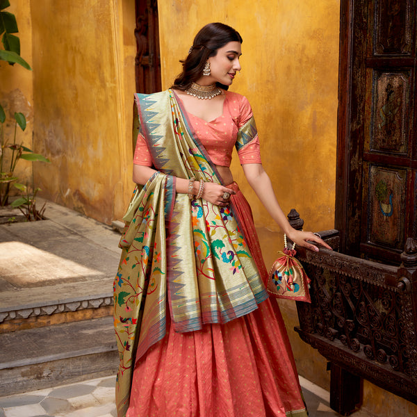 Lorenvalley Fashion Peach Silk Paithani Zari Weaving Work With Lace Border Lehenga Choli with Dupatta - Distacart
