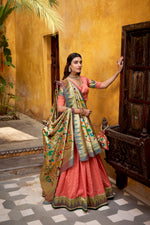 Thumbnail for Lorenvalley Fashion Peach Silk Paithani Zari Weaving Work With Lace Border Lehenga Choli with Dupatta - Distacart