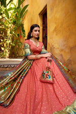 Thumbnail for Lorenvalley Fashion Peach Silk Paithani Zari Weaving Work With Lace Border Lehenga Choli with Dupatta - Distacart