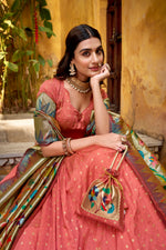 Thumbnail for Lorenvalley Fashion Peach Silk Paithani Zari Weaving Work With Lace Border Lehenga Choli with Dupatta - Distacart