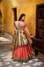 Thumbnail for Lorenvalley Fashion Peach Silk Paithani Zari Weaving Work With Lace Border Lehenga Choli with Dupatta - Distacart