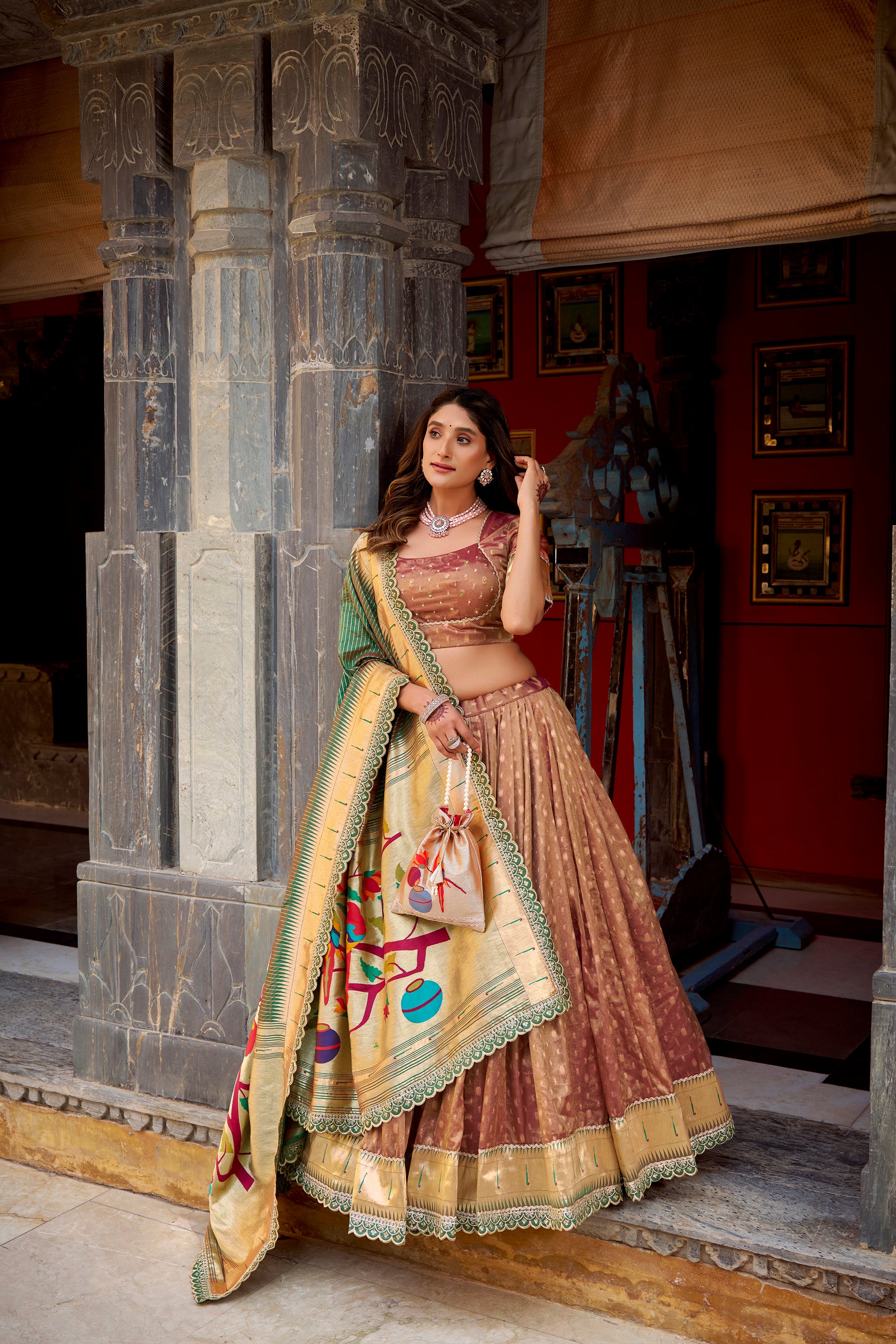 Lorenvalley Fashion Brown Simmer Organza Zari Weaving Work With Lace Border Lehenga Choli with Dupatta - Distacart
