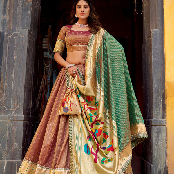 Lorenvalley Fashion Brown Simmer Organza Zari Weaving Work With Lace Border Lehenga Choli with Dupatta - Distacart