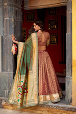 Thumbnail for Lorenvalley Fashion Brown Simmer Organza Zari Weaving Work With Lace Border Lehenga Choli with Dupatta - Distacart