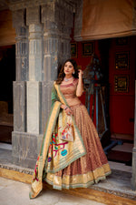Thumbnail for Lorenvalley Fashion Brown Simmer Organza Zari Weaving Work With Lace Border Lehenga Choli with Dupatta - Distacart