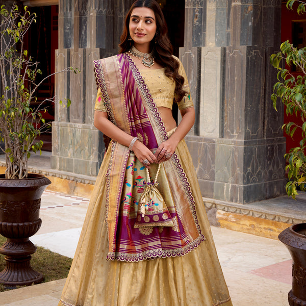 Lorenvalley Fashion Cream Simmer Organza Zari Weaving Work With Lace Border Lehenga Choli with Dupatta - Distacart