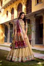 Thumbnail for Lorenvalley Fashion Cream Simmer Organza Zari Weaving Work With Lace Border Lehenga Choli with Dupatta - Distacart