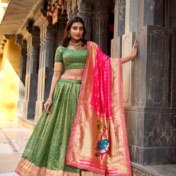 Lorenvalley Fashion Green Simmer Organza Zari Weaving Work With Lace Border Lehenga Choli with Dupatta - Distacart