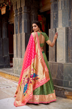 Thumbnail for Lorenvalley Fashion Green Simmer Organza Zari Weaving Work With Lace Border Lehenga Choli with Dupatta - Distacart
