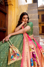 Thumbnail for Lorenvalley Fashion Green Simmer Organza Zari Weaving Work With Lace Border Lehenga Choli with Dupatta - Distacart