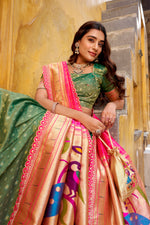 Thumbnail for Lorenvalley Fashion Green Simmer Organza Zari Weaving Work With Lace Border Lehenga Choli with Dupatta - Distacart