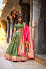 Thumbnail for Lorenvalley Fashion Green Simmer Organza Zari Weaving Work With Lace Border Lehenga Choli with Dupatta - Distacart