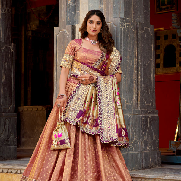 Lorenvalley Fashion Peach Simmer Organza Zari Weaving Work With Lace Border Lehenga Choli with Dupatta - Distacart