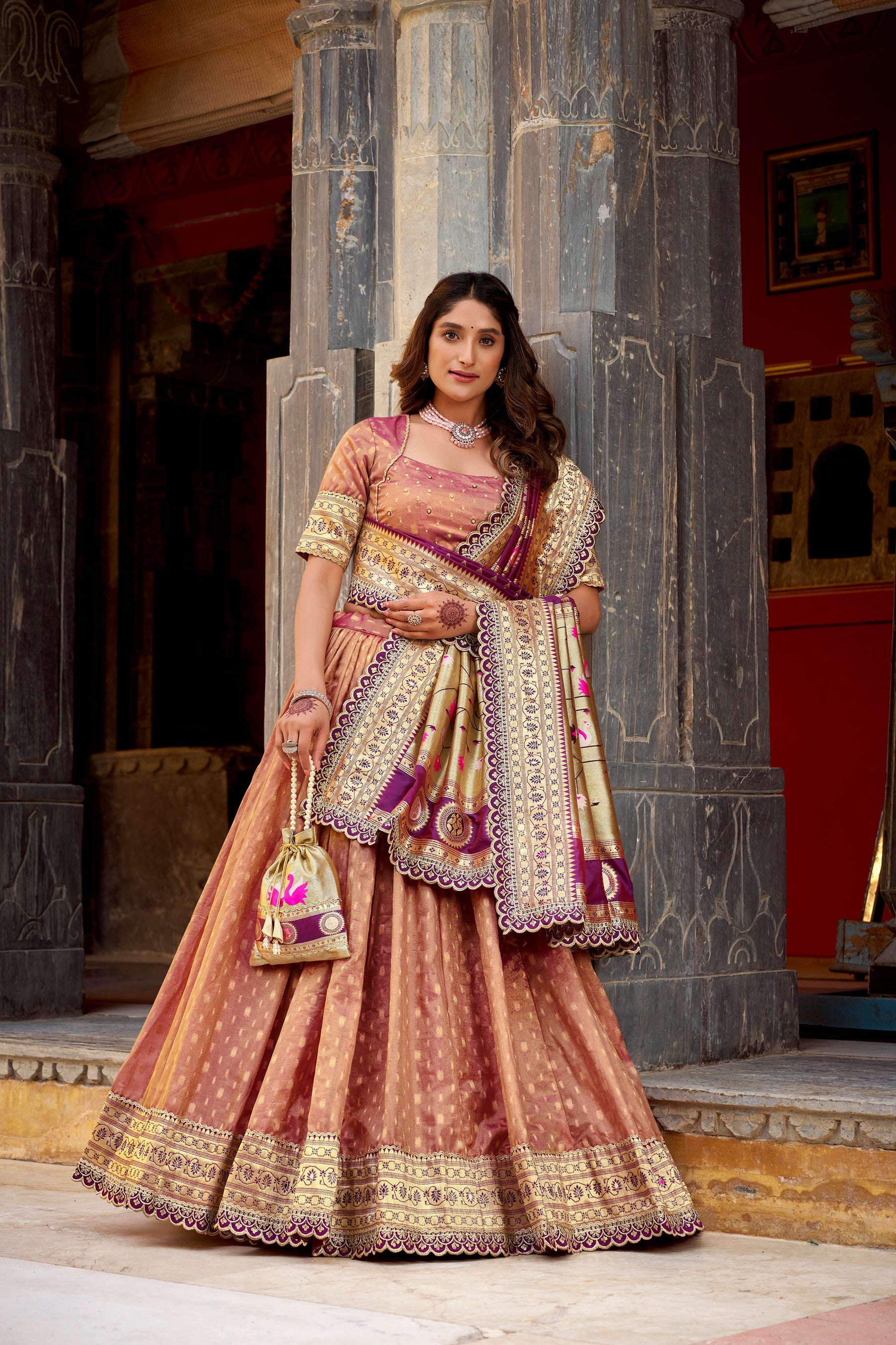 Lorenvalley Fashion Peach Simmer Organza Zari Weaving Work With Lace Border Lehenga Choli with Dupatta - Distacart