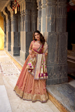 Thumbnail for Lorenvalley Fashion Peach Simmer Organza Zari Weaving Work With Lace Border Lehenga Choli with Dupatta - Distacart