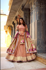 Thumbnail for Lorenvalley Fashion Peach Simmer Organza Zari Weaving Work With Lace Border Lehenga Choli with Dupatta - Distacart