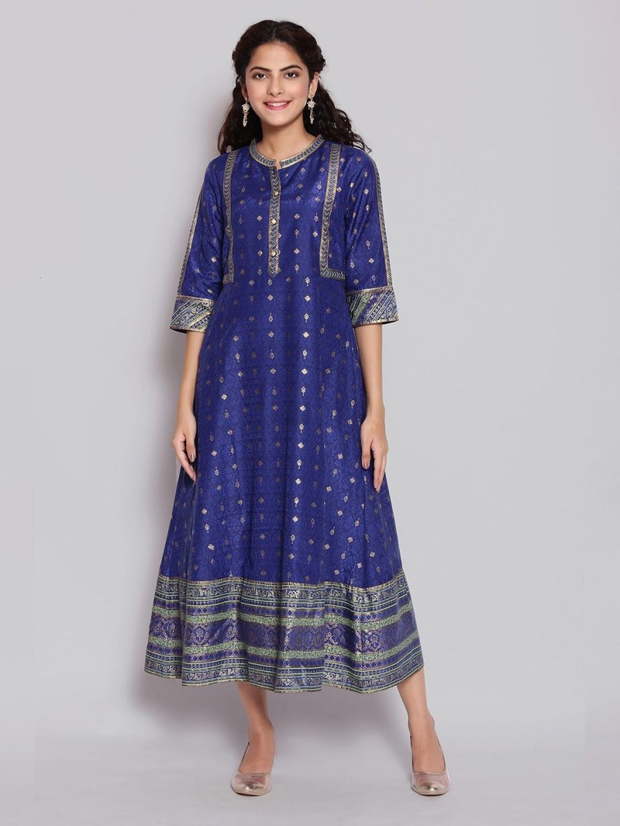 AURELIA Blue & Gold-Toned Ethnic Motifs Ethnic A-Line Midi Dress - Distacart