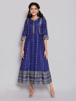 Thumbnail for AURELIA Blue & Gold-Toned Ethnic Motifs Ethnic A-Line Midi Dress
