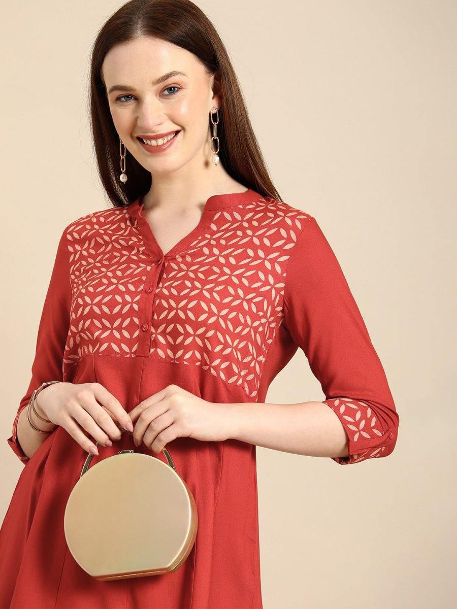 All About You Women Red & Cream Printed Kurta with Trousers - Distacart