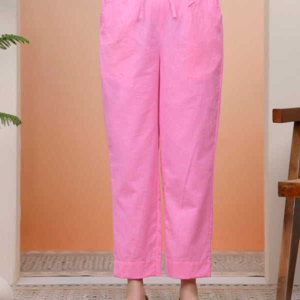 Vaasva Women Pink Cotton Flax Solid Straight Pants
