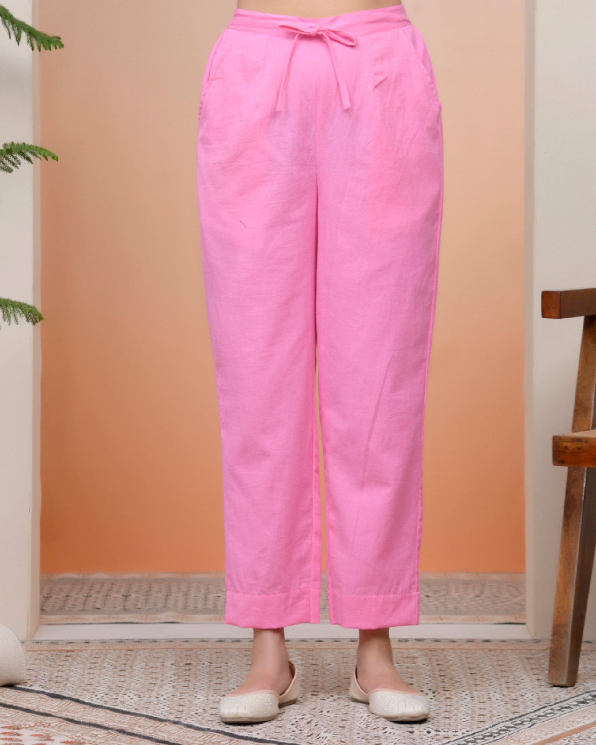 Vaasva Women Pink Cotton Flax Solid Straight Pants - Distacart