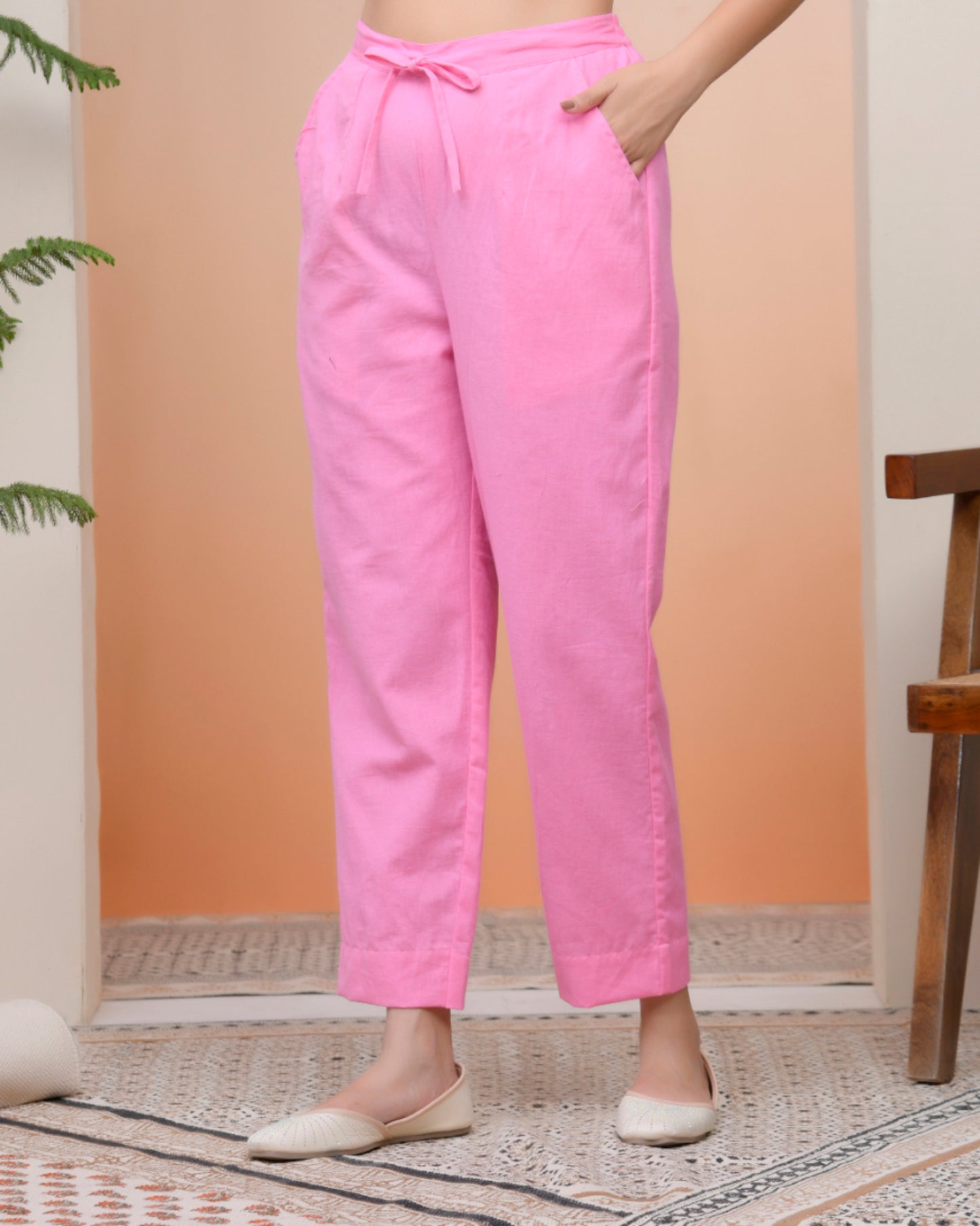 Vaasva Women Pink Cotton Flax Solid Straight Pants - Distacart