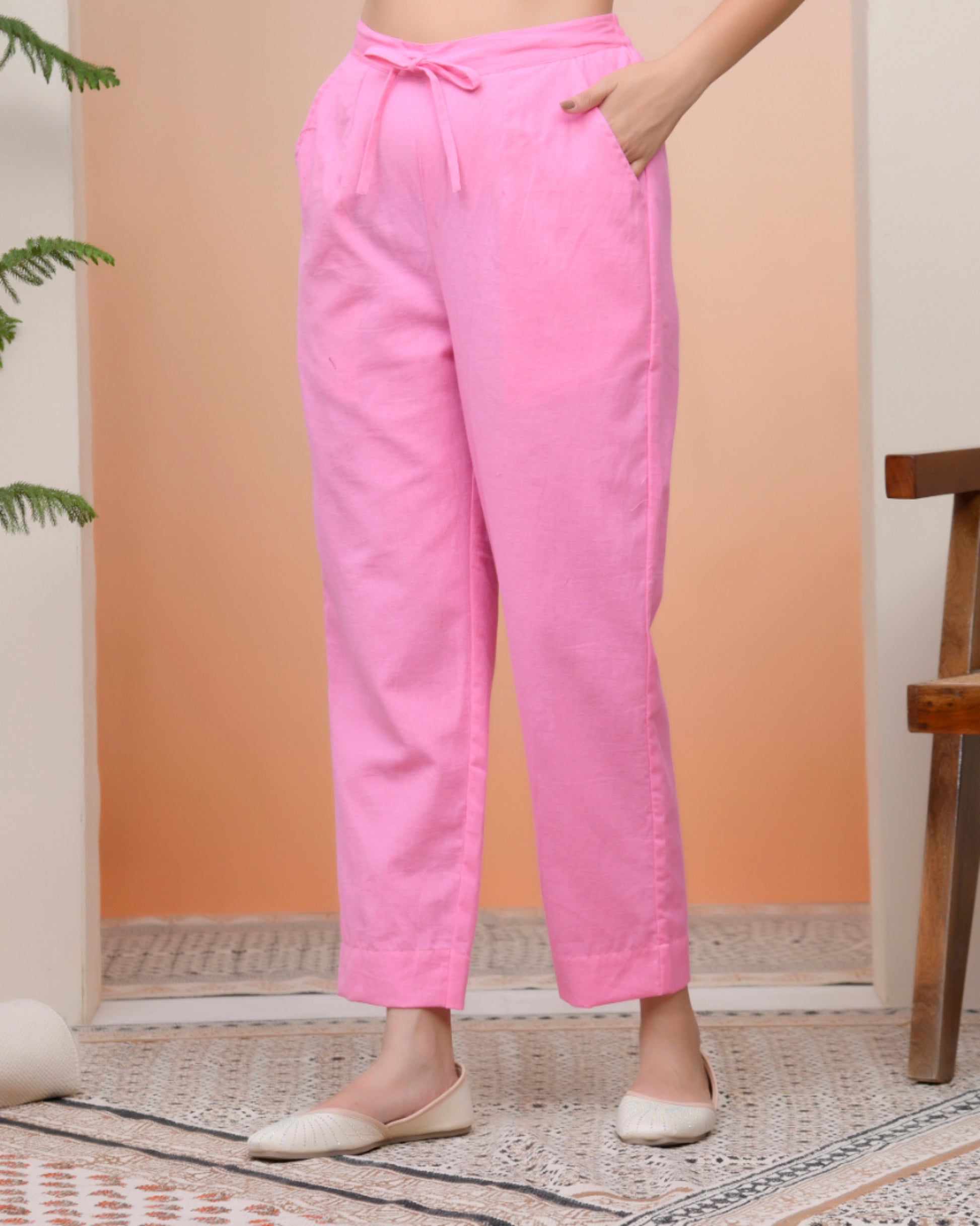 Vaasva Women Pink Cotton Flax Solid Straight Pants - Distacart