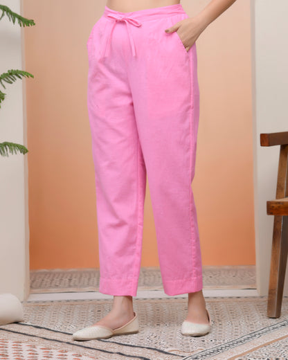 Vaasva Women Pink Cotton Flax Solid Straight Pants - Distacart
