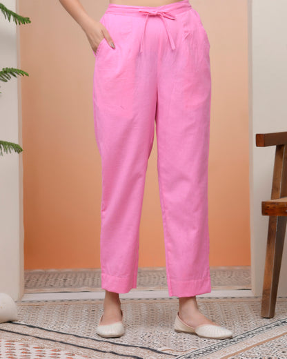 Vaasva Women Pink Cotton Flax Solid Straight Pants - Distacart