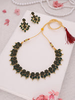 Thumbnail for Tehzeeb Creations Green Colour Gold Pleated Stone Studded Necklace With Earrings - Distacart