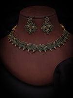 Thumbnail for Tehzeeb Creations Green Colour Gold Pleated Stone Studded Necklace With Earrings - Distacart