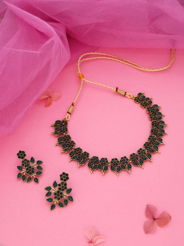 Tehzeeb Creations Green Colour Gold Pleated Stone Studded Necklace With Earrings - Distacart