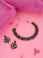 Thumbnail for Tehzeeb Creations Green Colour Gold Pleated Stone Studded Necklace With Earrings - Distacart