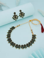 Thumbnail for Tehzeeb Creations Green Colour Gold Pleated Stone Studded Necklace With Earrings - Distacart