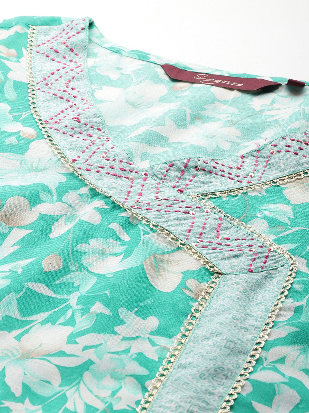 Sangria Floral Printed Angrakha Thread Work Pure Cotton Kurta with Trousers & With Dupatta - Distacart